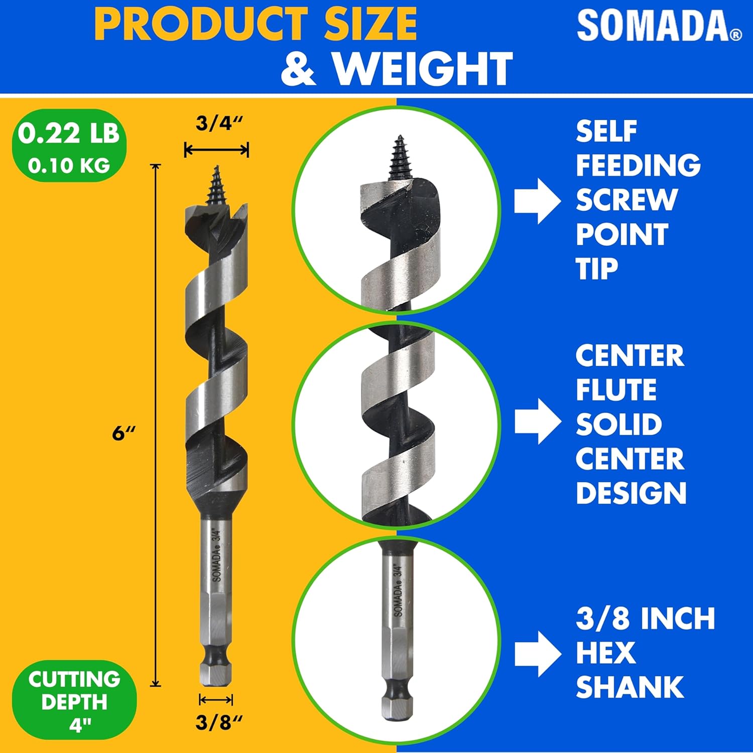 Detalle 2 de SOMADA 3/4-Inch x 6-Inch Wood Auger Drill Bit