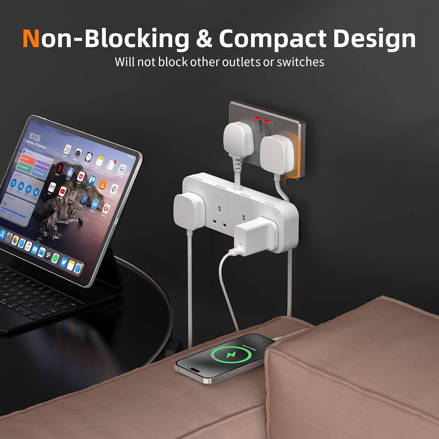 Detalle de Multi Plug Extension Socket 4 Way (Flexible Plug) with Individual Switches, UK 4-Gang Adapter – White