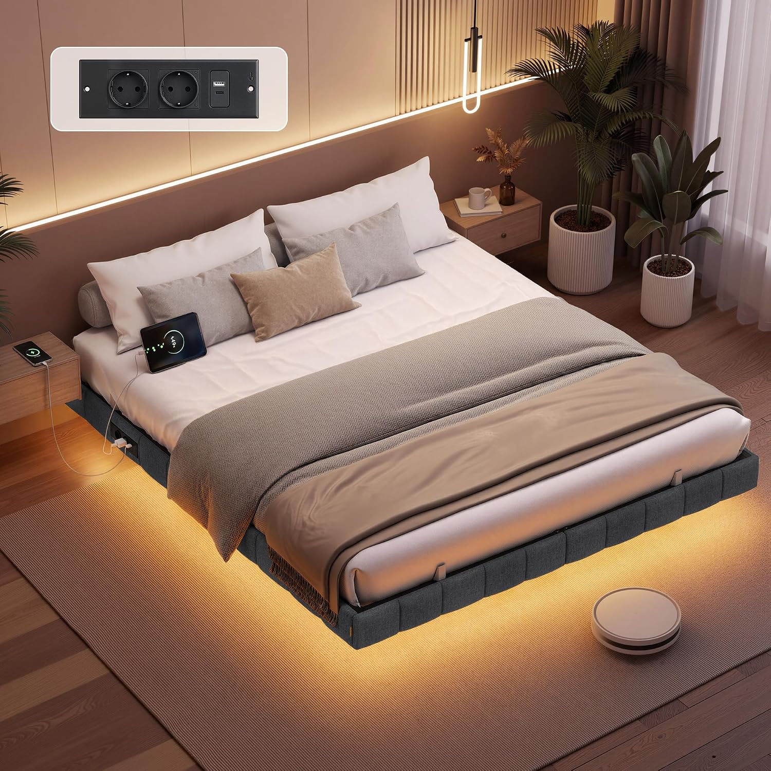 VASAGLE Struttura Letto Effetto Fluttuante 160x200 cm con LED, prese e USB – Grigio Ardesia RMB165G101