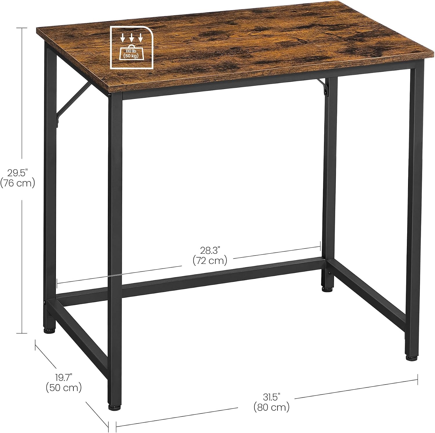 Thumbnail 2 de VASAGLE Office Desk Table Workstation 80 x 50 x 75 cm – Industrial Style, Rustic Brown & Black