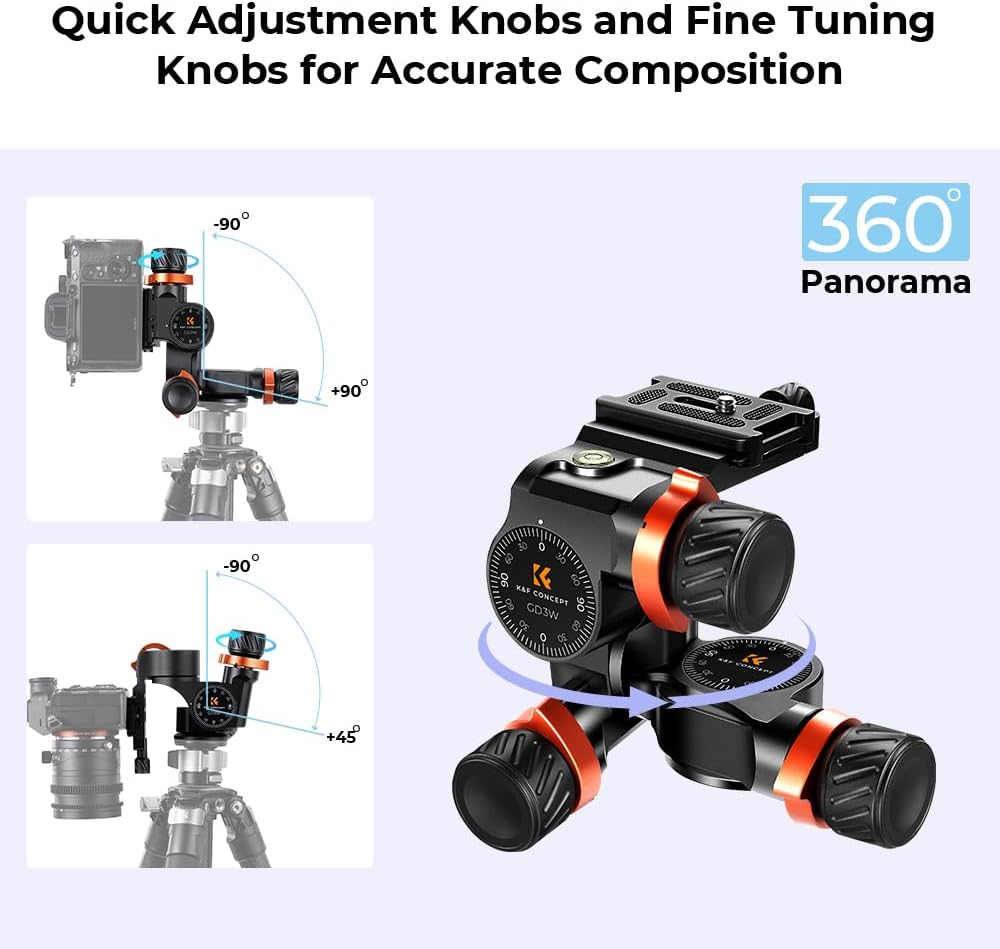 Thumbnail 2 de K&F Concept geared tripod head for 360° panoramic 3-way ballhead with quick release plate