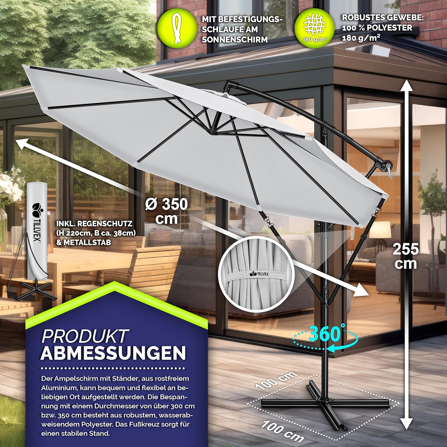 Thumbnail 4 de tillvex Alu Ampelschirm Ø 300 cm mit Kurbel – UV-Schutz, Windschutz, 360° Drehung