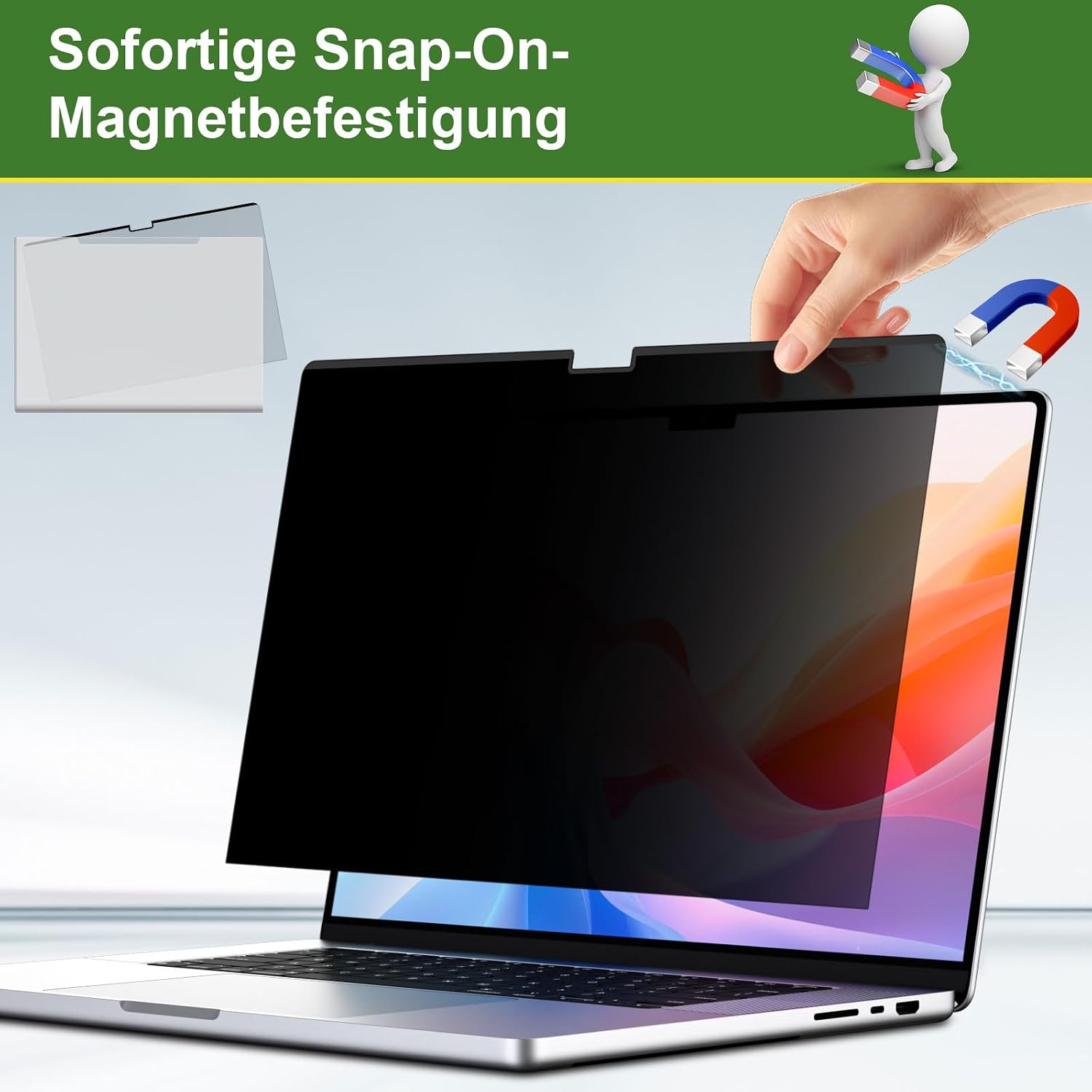 Detalle de Magnetischer Blickschutzfilter für MacBook Pro 14 Zoll mit Webcam-Abdeckung (2021–2026) – Blaulicht reduziert, abnehmbar