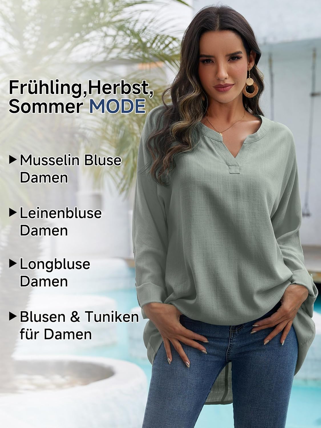 Thumbnail 3 de Tincini Leinenbluse Damen Musselin Bluse aus 60% Leinen + 40% Rayon – lange Tunika mit V-Ausschnitt