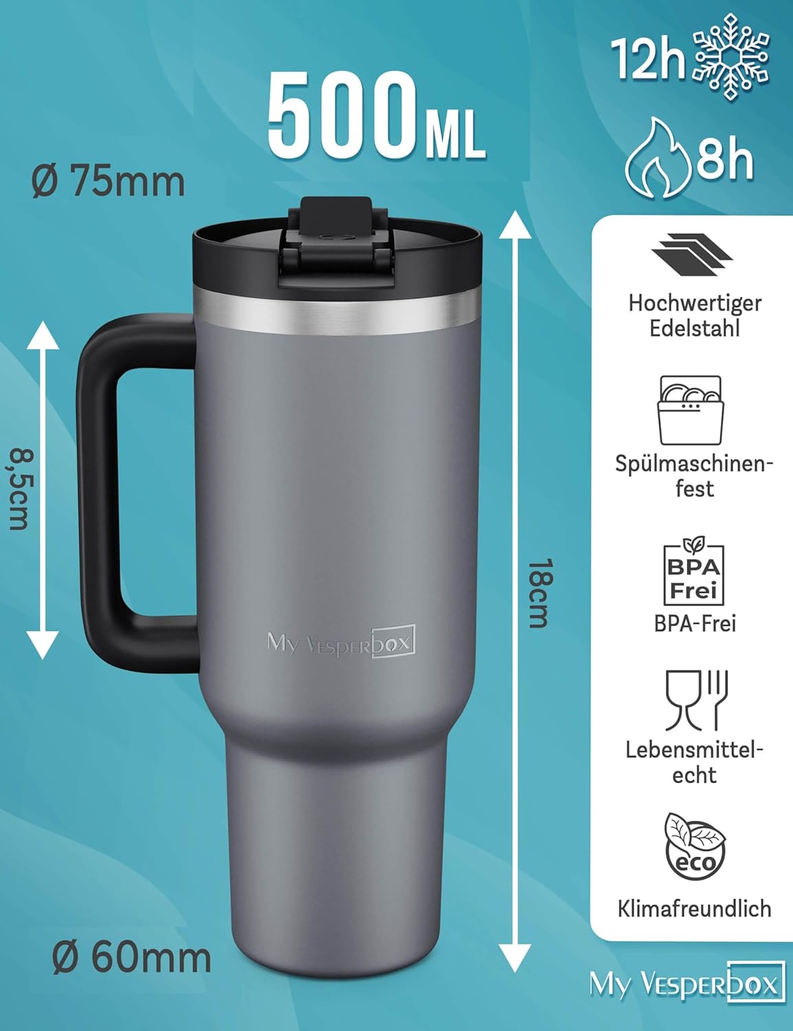 Thumbnail 1 de My Vesperbox KINNY CUP Trinkflasche mit Strohhalm – 500 ml Thermobecher (BPA-frei, auslaufsicher, spülmaschinenfest, Grau)
