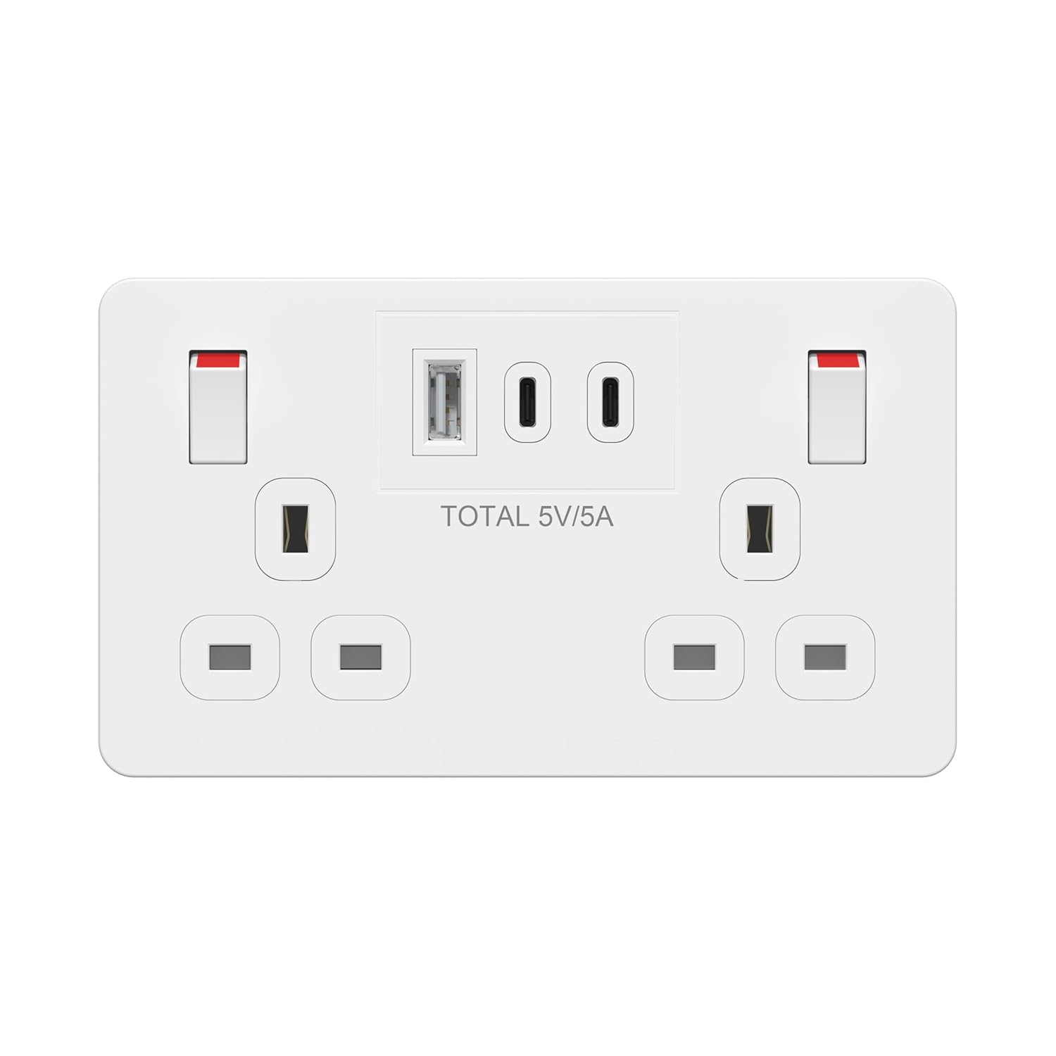 LIDER 2-Gang Switched 13A Double Socket with USB Type C & A Charger Ports (25W) – White