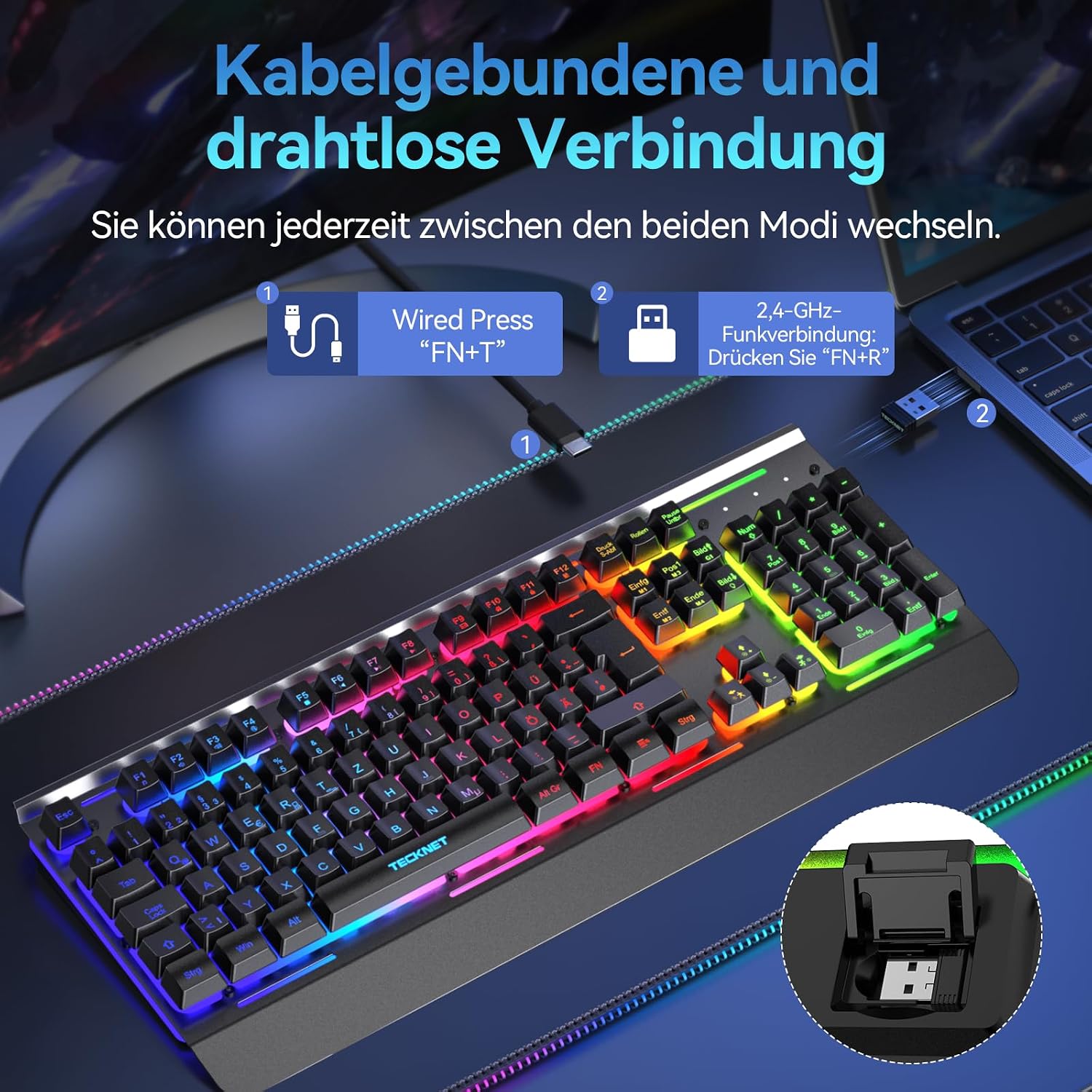 Thumbnail 2 de TECKNET Gaming-Tastatur kabellos (QWERTZ, deutsches Layout) mit RGB, 105 Tasten und Handgelenkauflage
