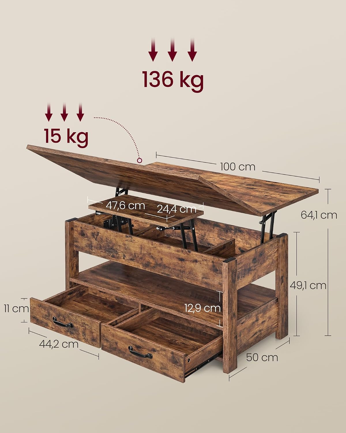 Detalle de VASAGLE LCT254K201 Lift-Top Coffee Table, Vintage Brown, 2 Drawers