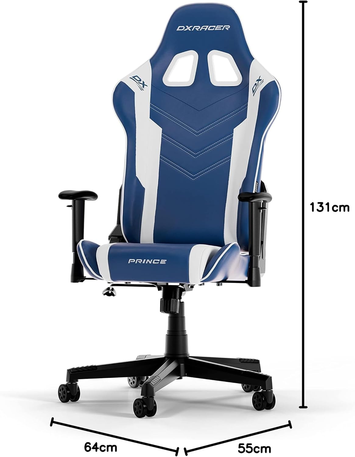 Detalle de DXRacer PRINCE L Bleu & Blanc PVC Cuir – Fauteuil gaming ergonomique, cuir synthétique premium