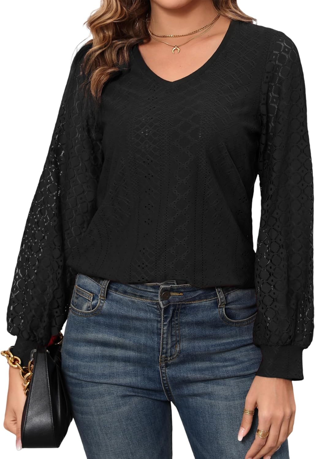 Detalle de Women Crochet Long Sleeve V Neck Lace Blouse – Soft, Lightweight Spring/Summer Autu mn Top