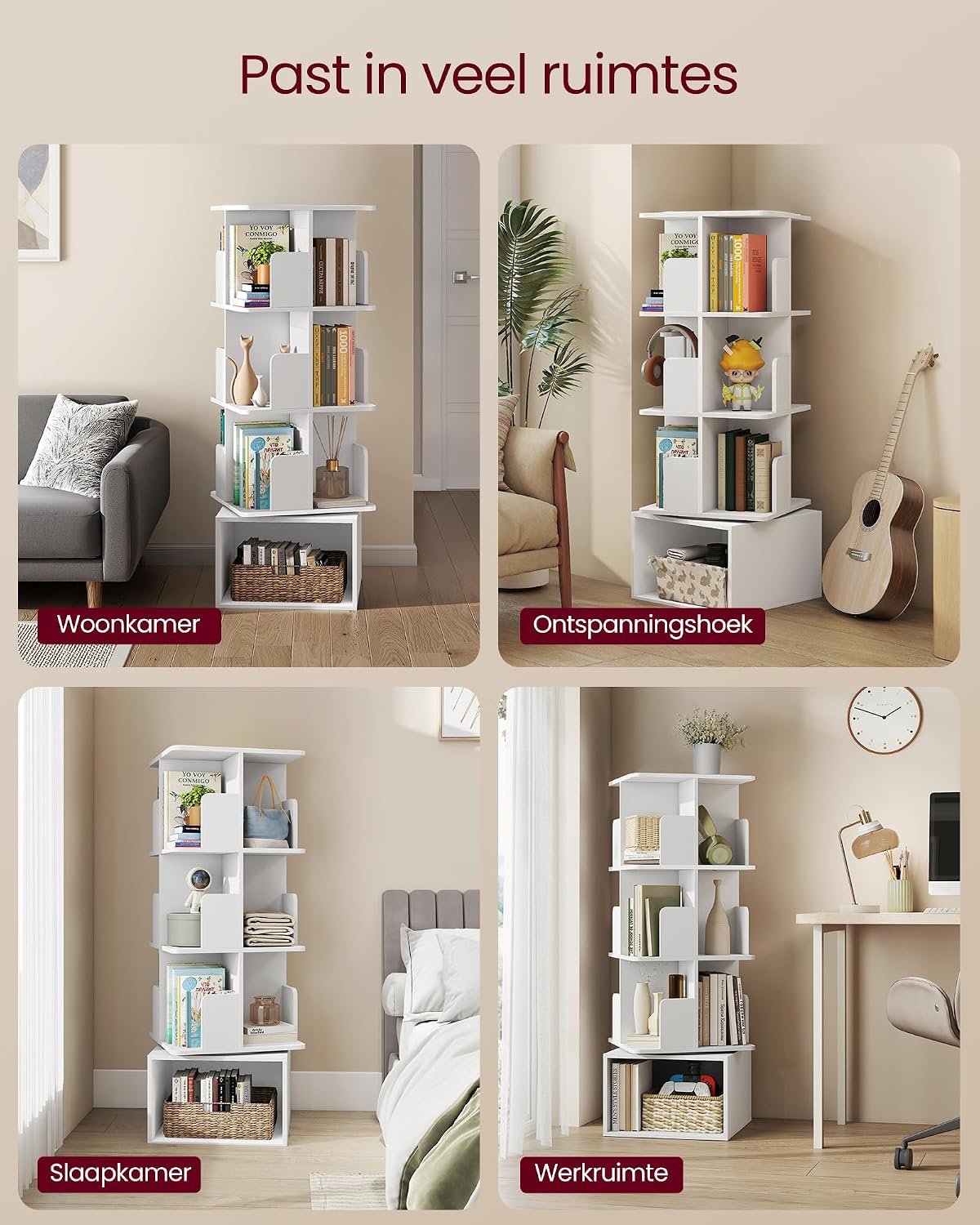 Thumbnail 6 de VASAGLE Custos Collectie LBC471WB01 draaibare boekenkast, 4 planken, Cloud White