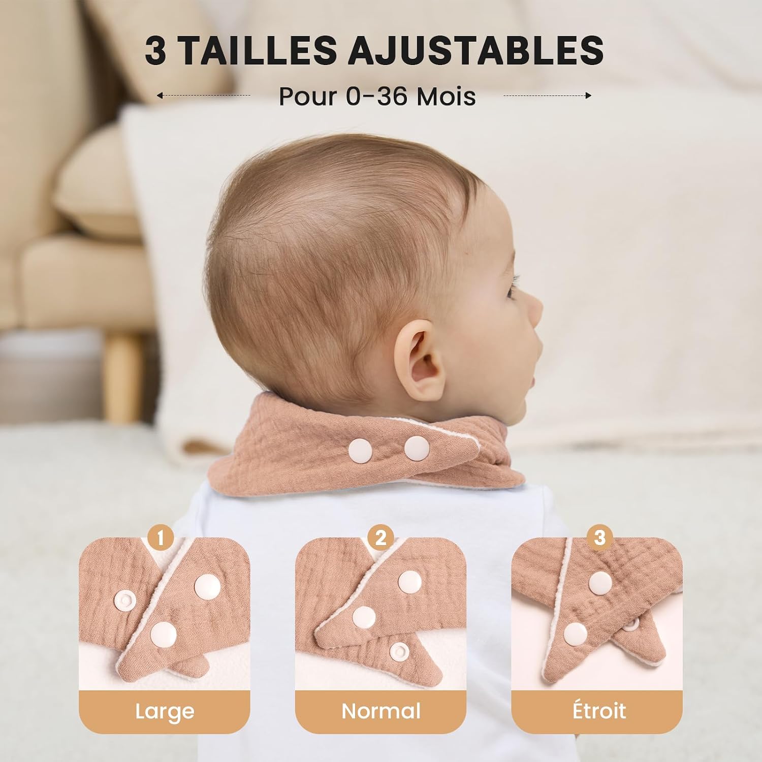 Thumbnail 6 de IKWOLETI Bavoirs Bébé Naissance Mousseline – Ensemble 8 bandanas absorbants et ajustables