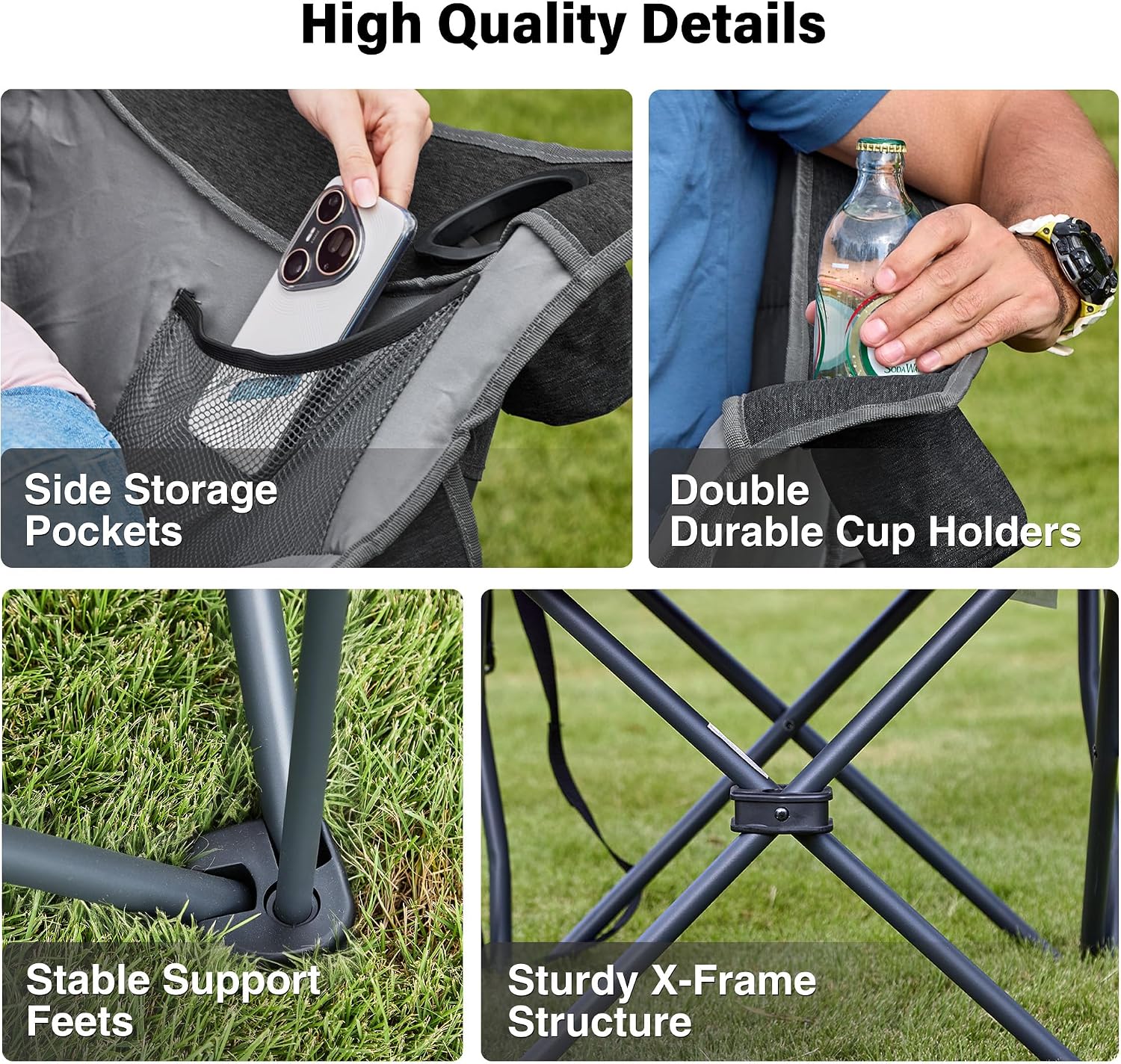 Thumbnail 5 de RELAX FIELD Set of 2 Oversized Camping Chairs for Adults – Heavy Duty, 200kg Capacity, Cup Holder & Cooler Bag (Grey)