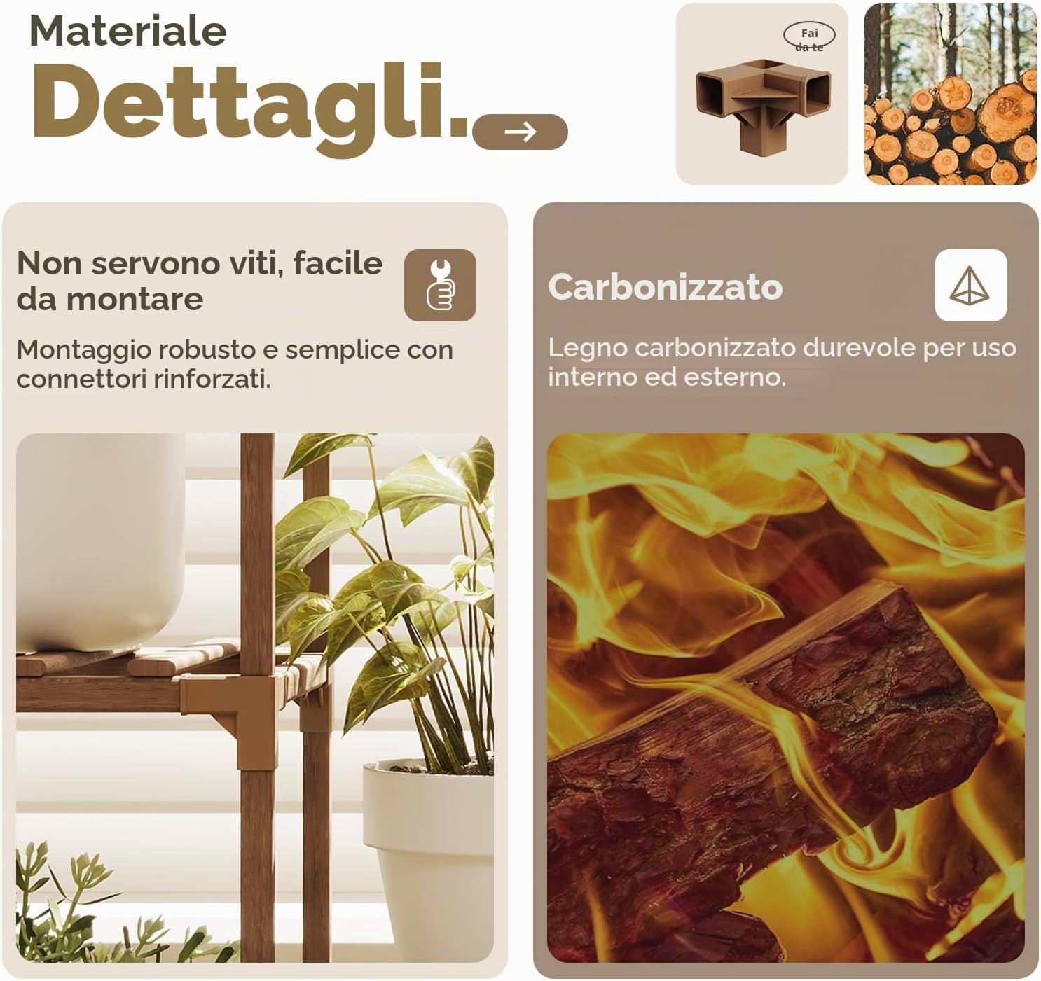 Detalle de Bamworld Porta Piante da Esterno Scaffale Alto 182,4 cm – Vaso e Arredo Giardino in Legno Carbonizzato