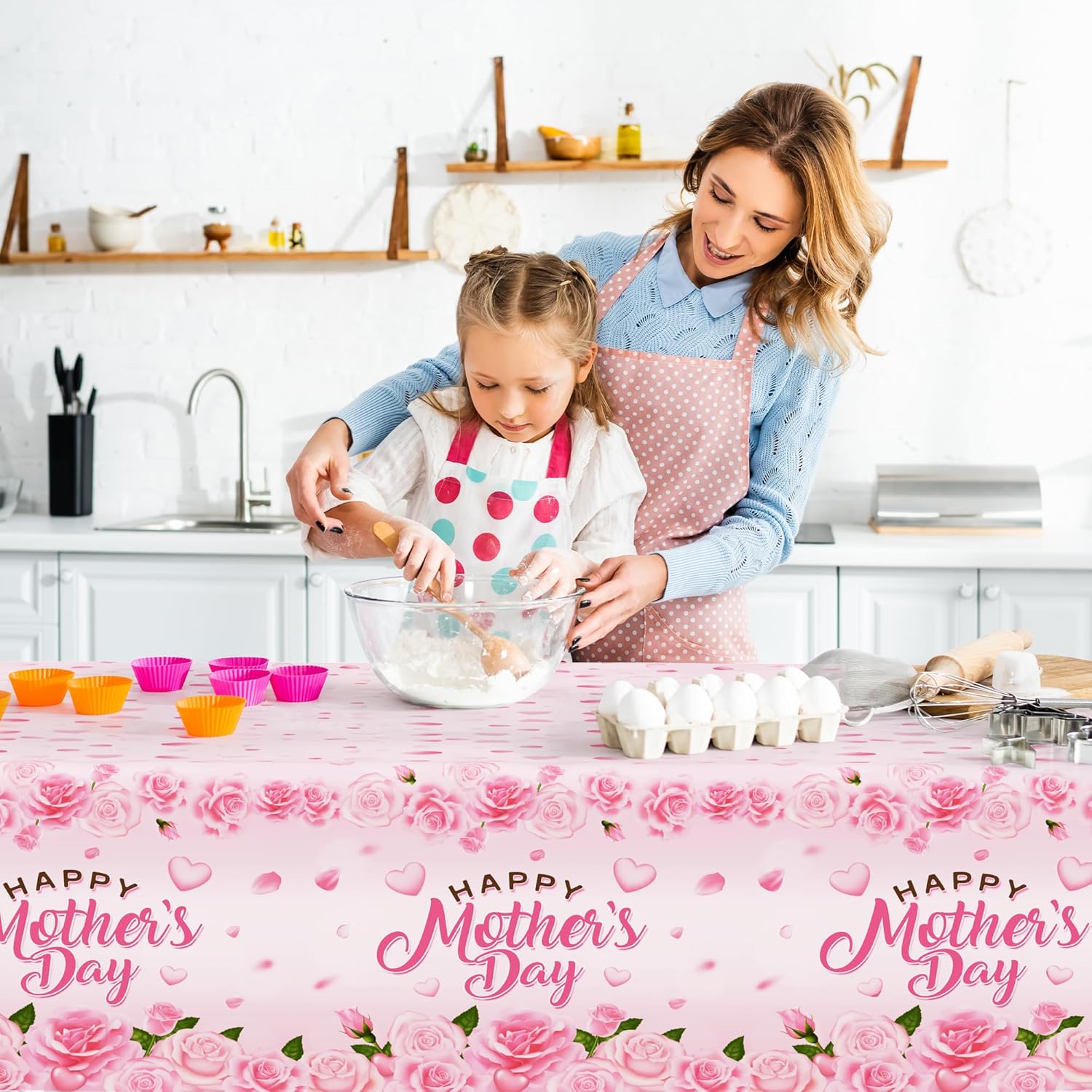 Thumbnail 2 de QZYL 3 Pack Mother's Day Table Cloths (108" x 54"), Pink Waterproof Disposable Decor with Roses