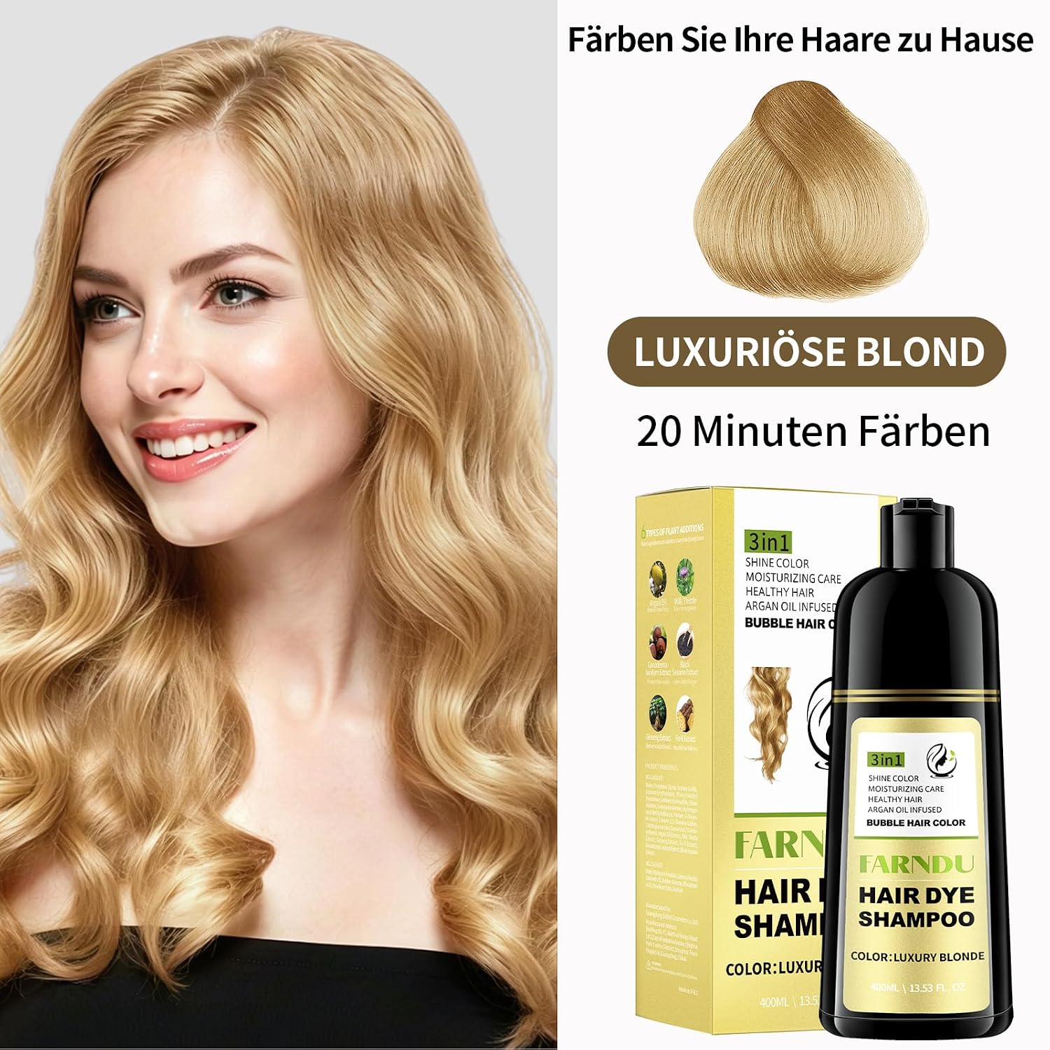 Detalle 2 de Blonde Haarfärbe Shampoo – 3 in 1 Graue Haare deckend, pflegend und einfach in der Anwendung