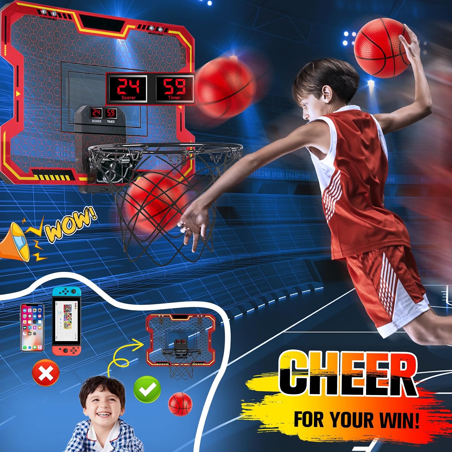 Detalle de Indoor Basketball Hoop for Kids (Ages 4–12) — Over-the-Door Mini Hoop With Electronic Scoring, Countdown & Music