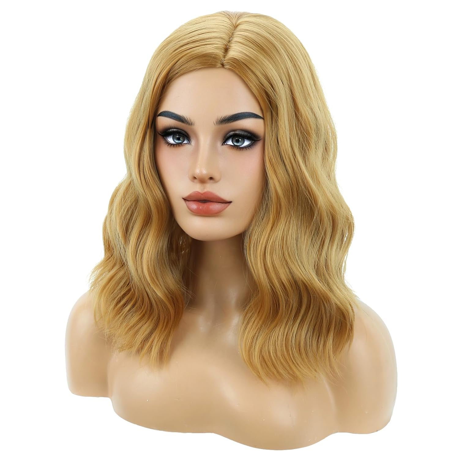 Detalle de BERON Strawberry Blonde Synthetic Wig, Shoulder-Length Waves, Adjustable Cap