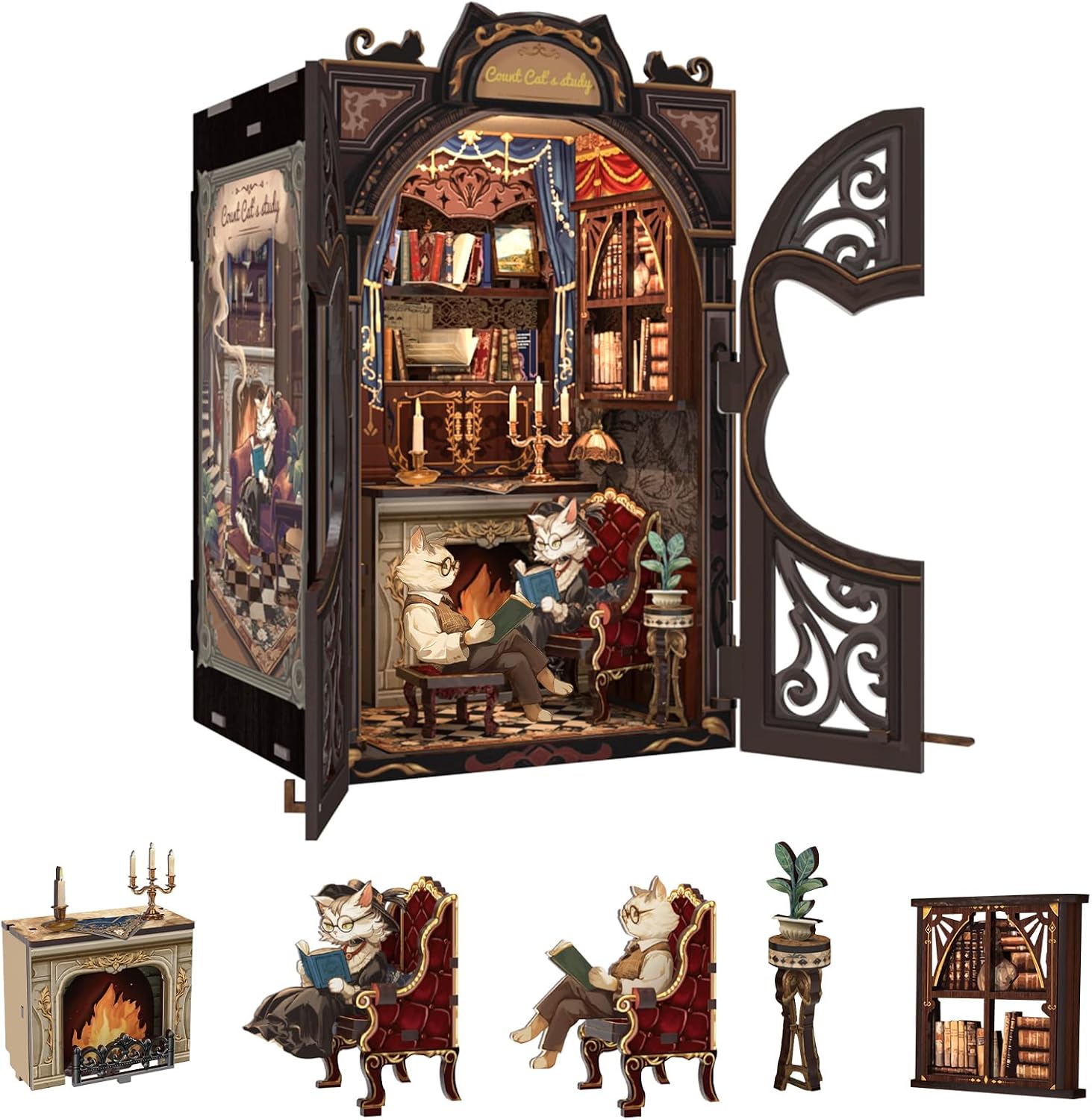 Detalle de Fsolis Book Nook Kit Fai da Te: case per miniature con luci LED a forma di testa di gatto