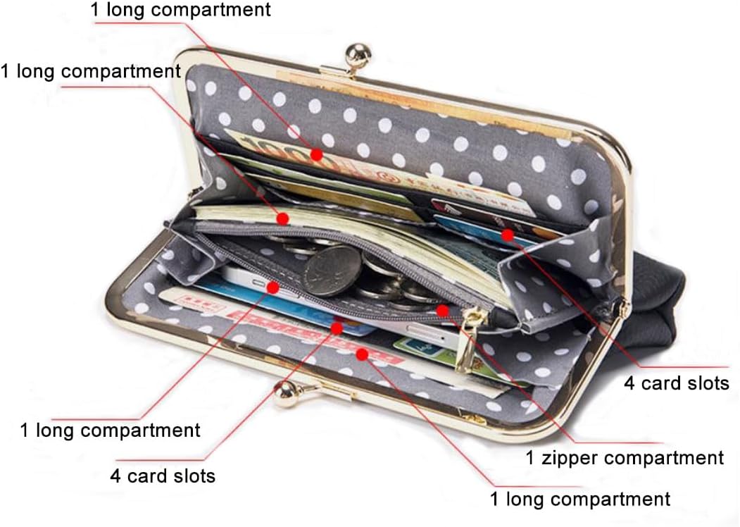 Detalle de AprinCtempsD Women's Genuine Leather Clutch Bag with Kiss Lock – Compact Long Wallet
