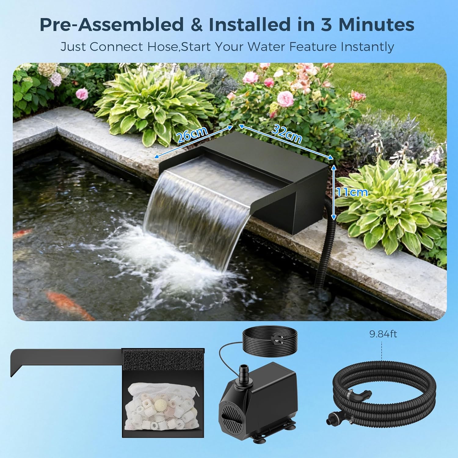Detalle de Biling 12" Pond Waterfall Kit with 2500L/h Pump and 3m Hose