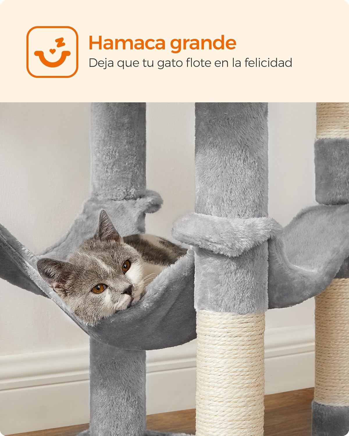 Detalle de Feandrea árbol para gatos PCT161W01, torre multinivel de 143 cm con 2 plataformas, cueva y hamaca (gris claro)