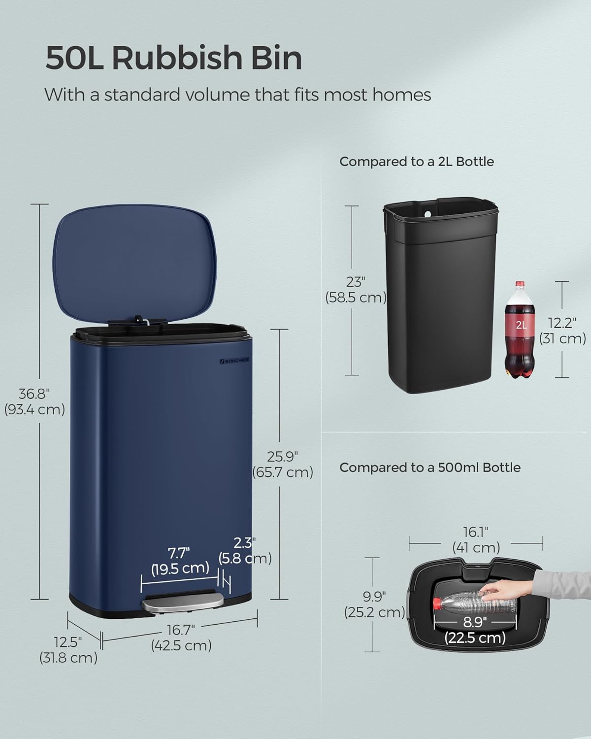 Thumbnail 5 de SONGMICS Kitchen Bin 13 Gallon (50 L) with Soft Close Lid and Pedal, Blue LTB050L02