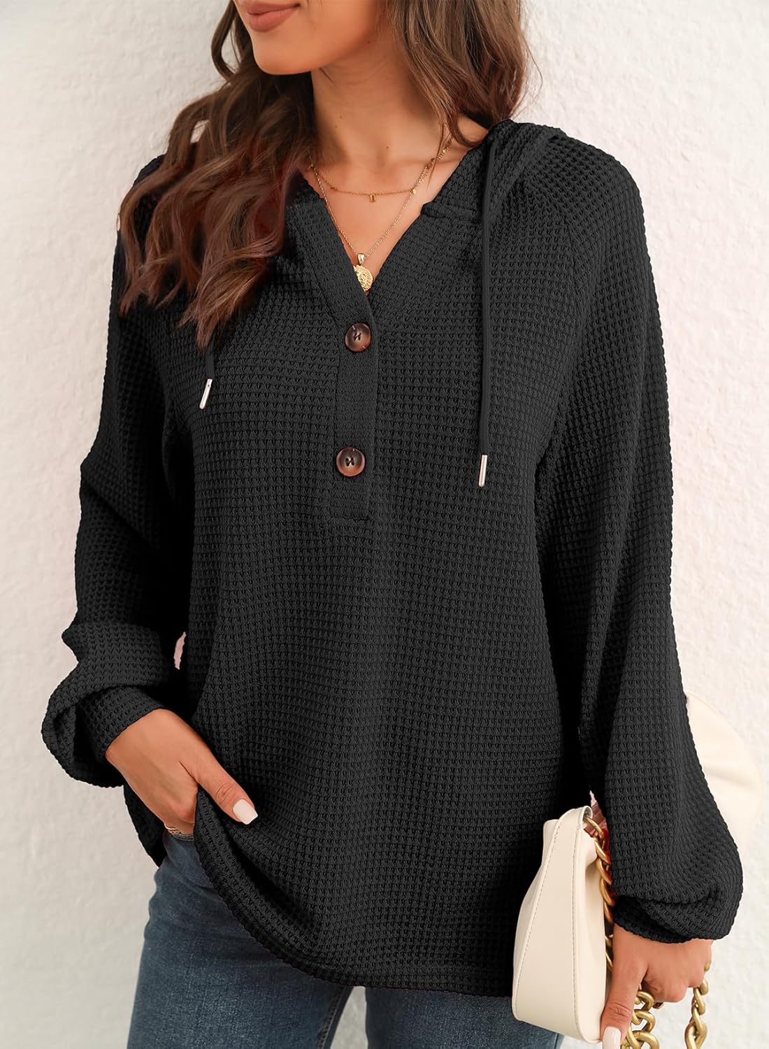 Thumbnail 1 de Dokotoo Damen Kapuzenpullover mit Knopfleiste & V-Ausschnitt – Gofre-Strick Hoodie
