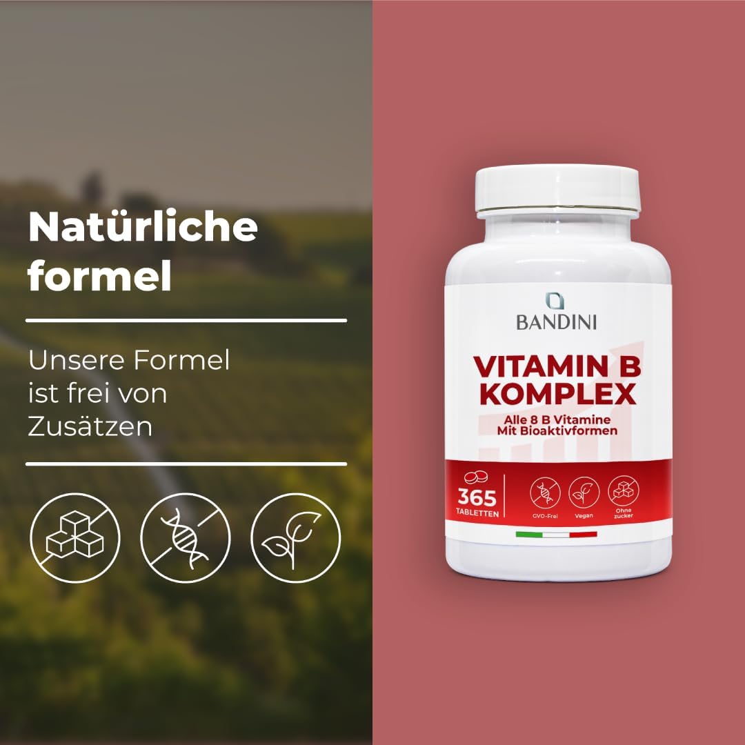 Detalle de Bandini® Vitamin B Komplex hochdosiert – 365 Tabletten (12 Monate), veganer B-Komplex mit 8 B-Vitaminen
