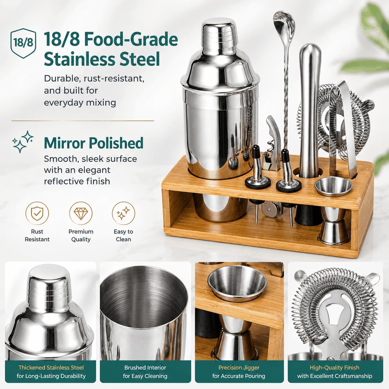 Detalle de Cocktail Shaker Set (18/8 Food-Grade Stainless Steel) 10-Piece Martini Shaker Kit with Bamboo Stand