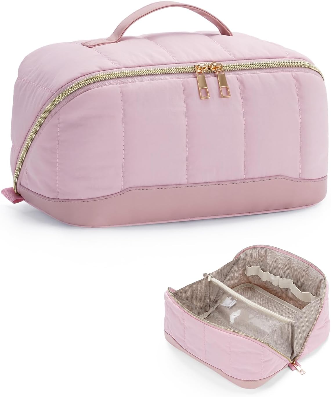 Detalle de Travel Makeup Bag Large Quilted Cosmetic Organizer with Brush Compartments & Handle (Pink) – Wide-Open Toiletry Bag