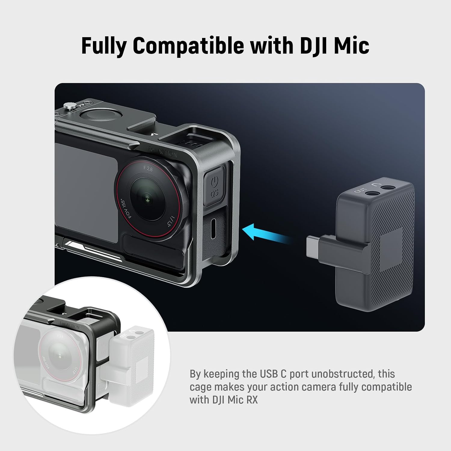 Detalle de NEEWER Käfig für DJI Osmo Action 5 Pro (AC014) – Schutzrig aus Aluminium mit Cold Shoe und 1/4-Zoll Gewinde