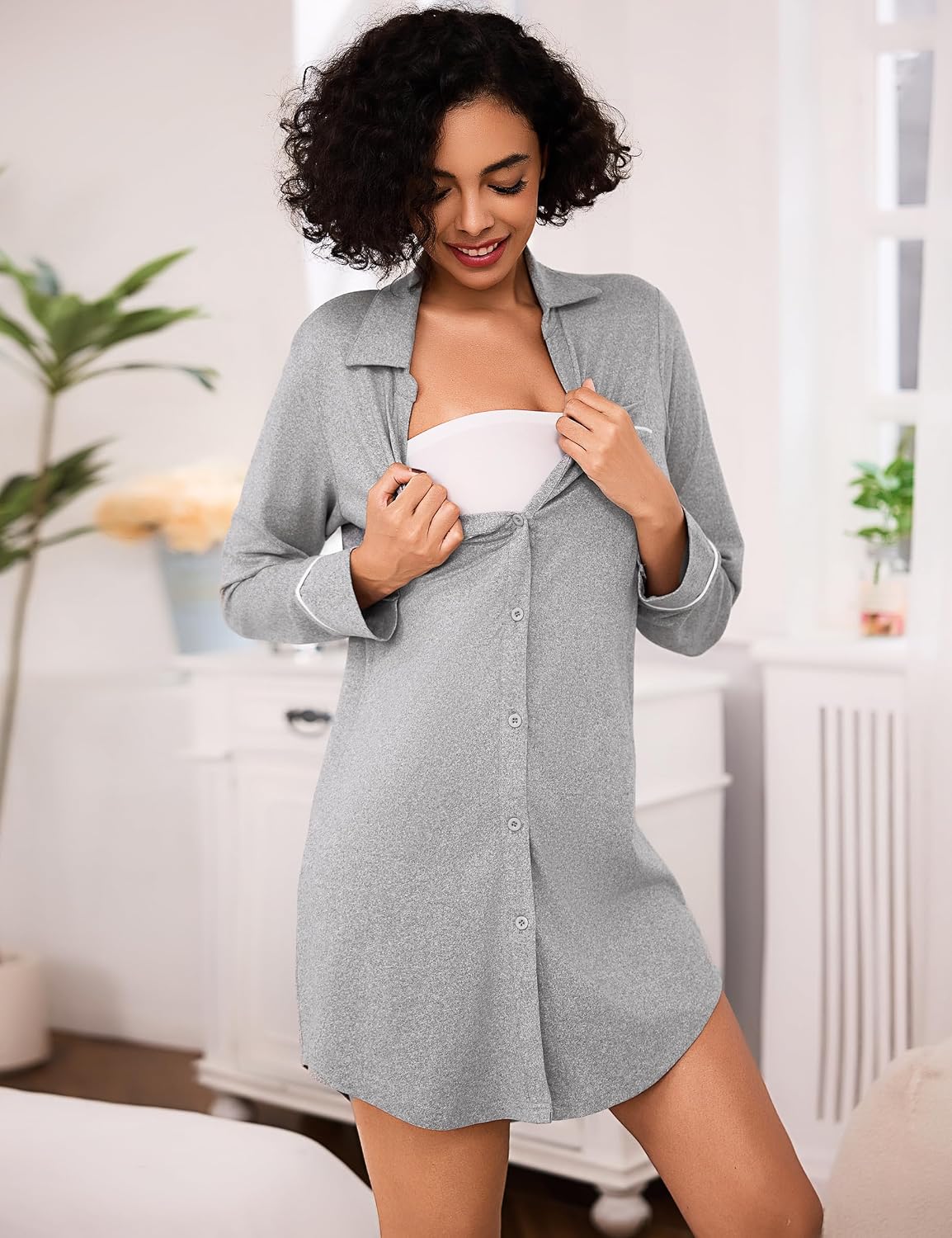 Thumbnail 1 de Bresdk Chemise de nuit femme en coton à manches longues avec boutons (allaitement et maternité)