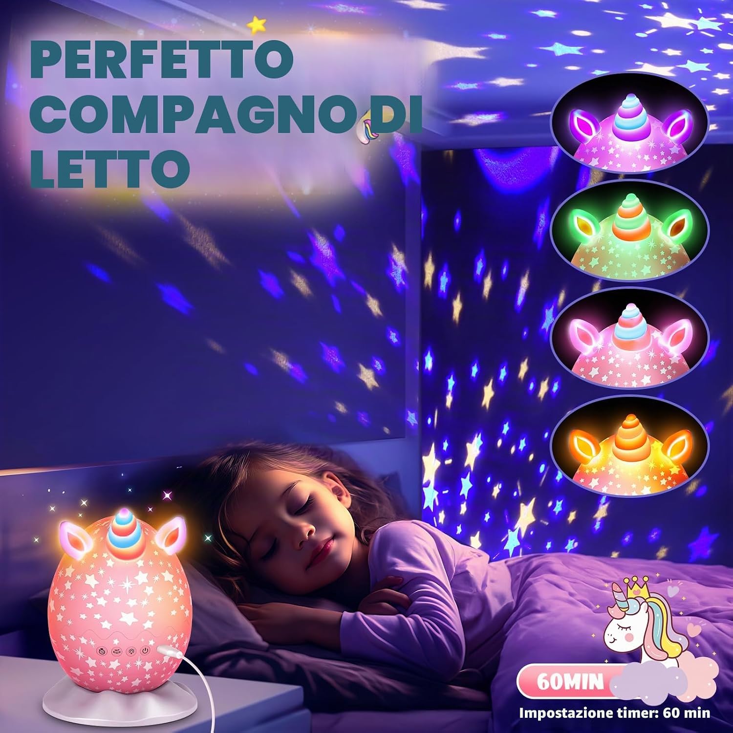 Detalle de iKidiki Lampada Proiettore Unicorno con Stelle da Soffitto per Bambine 2-9 anni