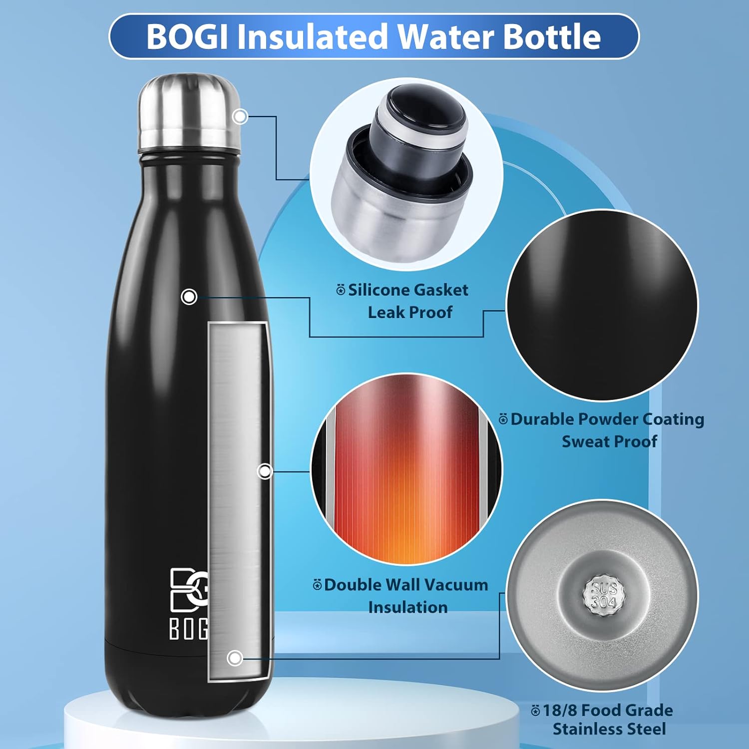Thumbnail 2 de BOGI Insulated Metal Water Bottle, 500ml – Leakproof Stainless Steel, Keeps Hot & Cold