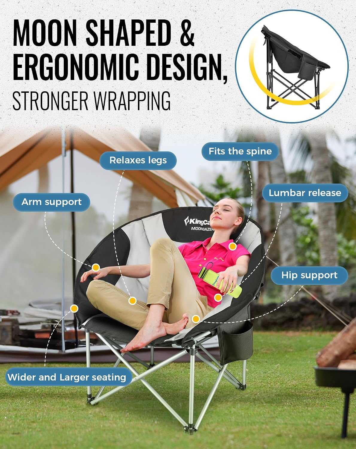 Thumbnail 3 de KingCamp set of 2 Moon Chairs with cooler bag – folding XXL camping chairs (supports 205kg)