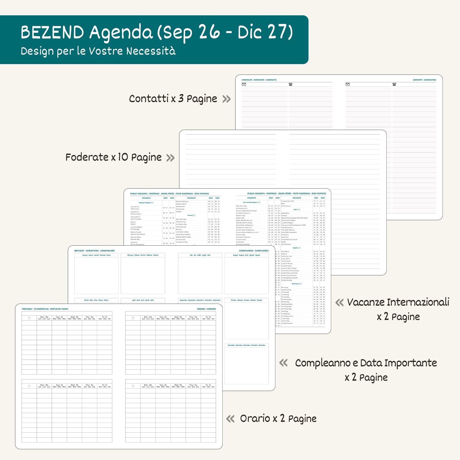 Detalle de BEZEND Agenda 2026/2027 Giornaliera B6 17x12 cm, Copertina in Pelle PU Verde Scuro, 16 mesi