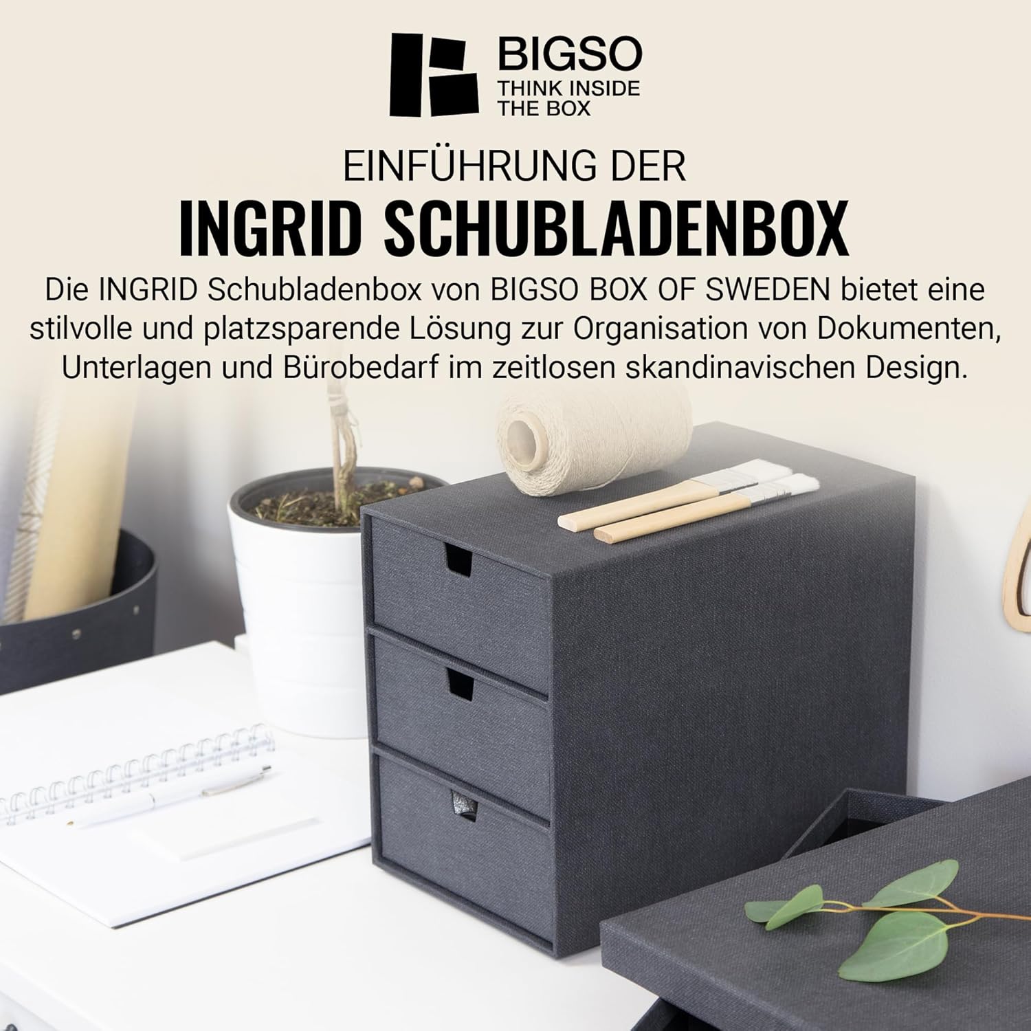 Thumbnail 3 de BIGSO INGRID Schubladenbox für Dokumente und Bürobedarf – Schreibtisch-Organizer mit 3 Schubladen, schwarz