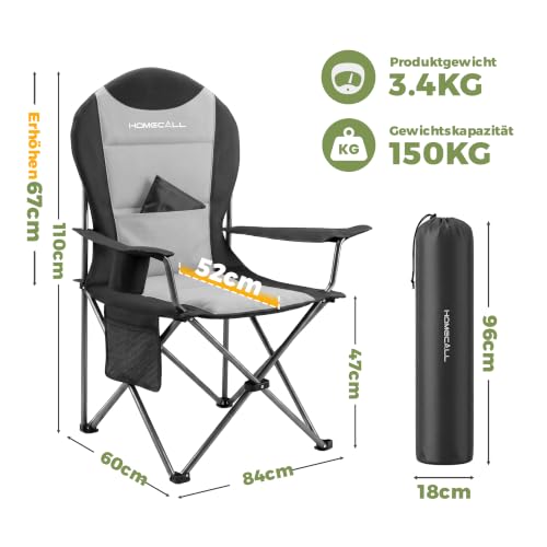 Detalle 2 de Homecall Campingstuhl Faltbar bis 150 kg – Angelstuhl 108 cm, Grau (2 Stück)