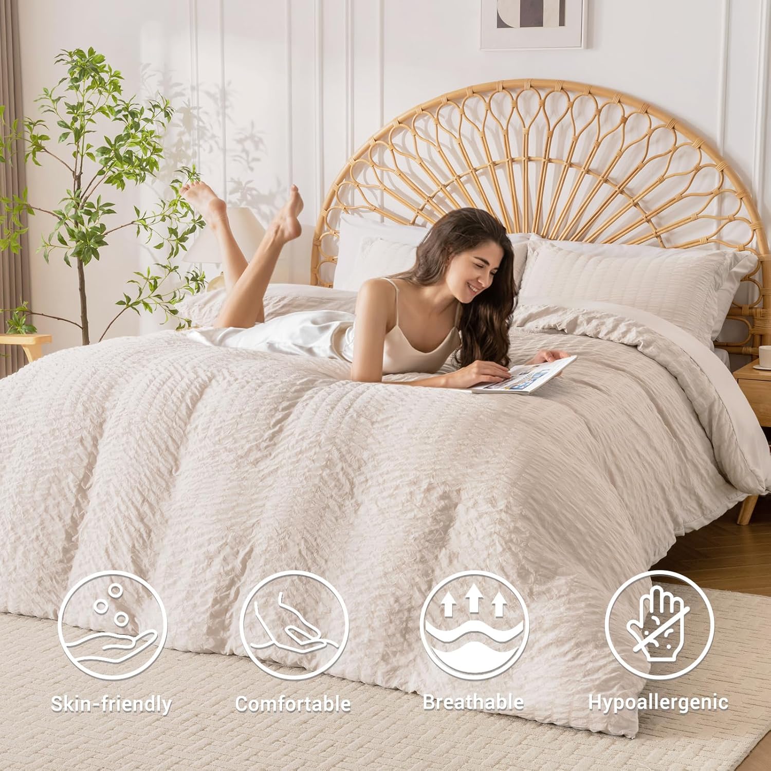 Detalle 2 de HYMOKEGE Beige Queen Duvet Cover Set (3-Piece) — Seersucker Microfiber with Zipper & 8 Corner Ties