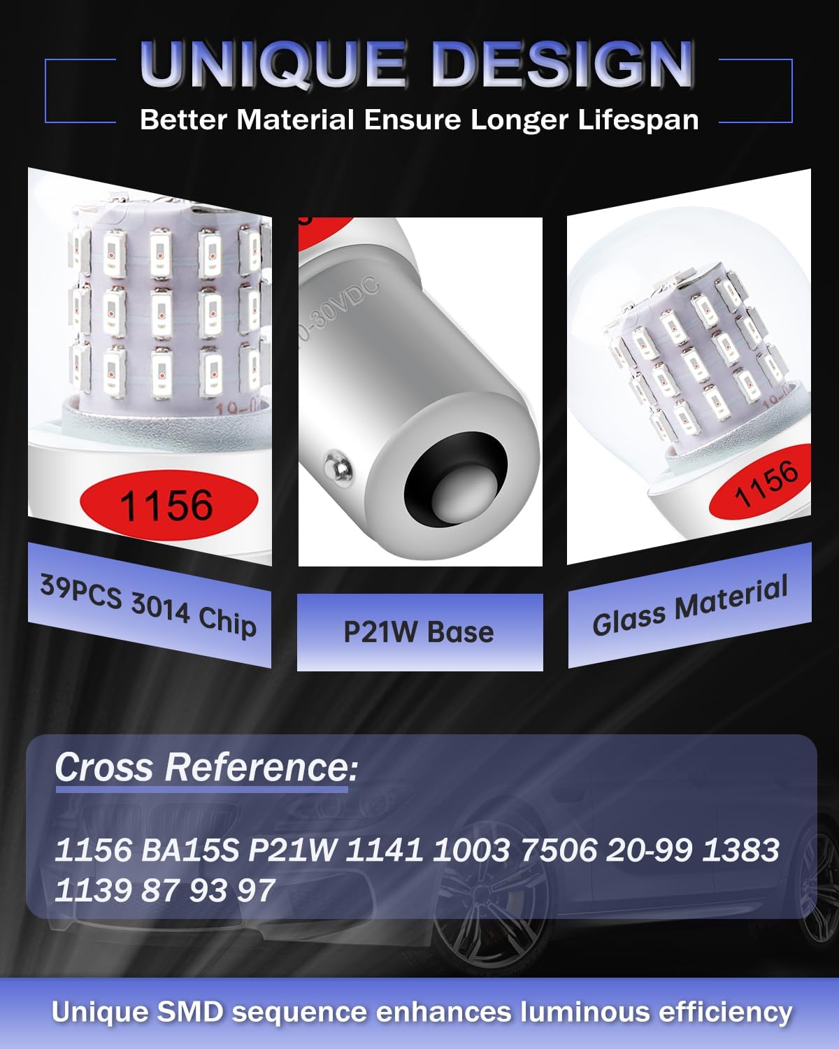 Thumbnail 2 de Alopee 1156 P21W BA15S red brake LED bulbs (3014 39 SMD) for third brake light