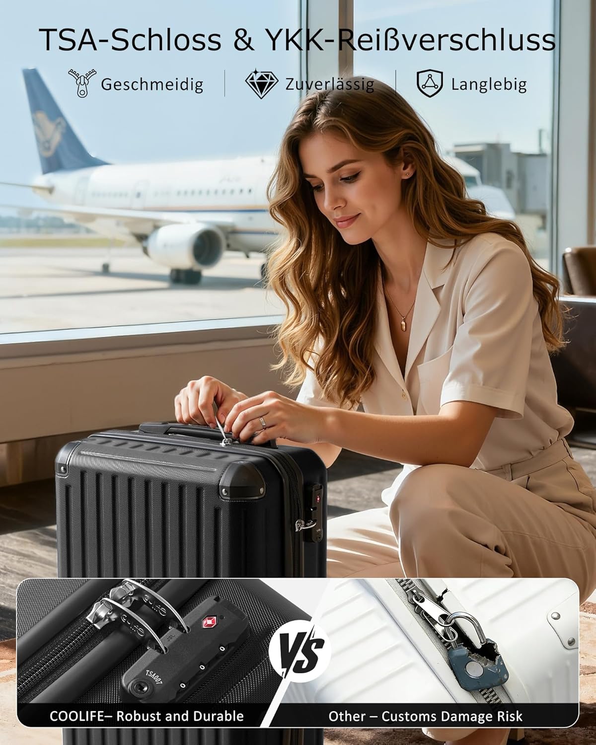 Detalle 2 de COOLIFE Ryanair Handgepäck Koffer 55X35X20cm mit Vakuum-Kompressionsbeutel – 60% mehr Stauraum, TSA-Schloss & 4 Doppelrollen