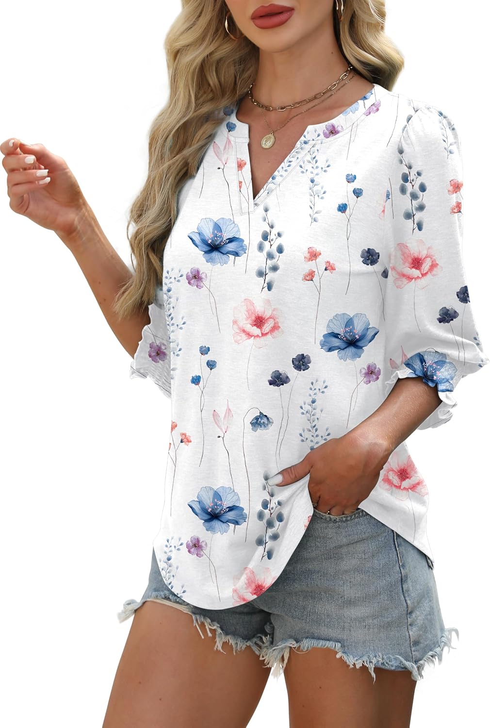 Thumbnail 2 de Aokosor Womens 3/4 Sleeve V-Neck Blouses Puff Sleeve Tunic Top with Smocked Cuffs