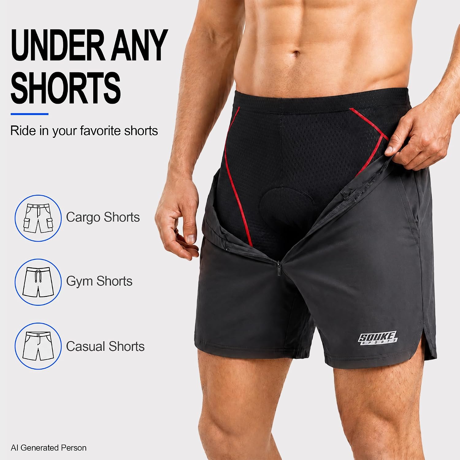 Detalle 2 de Souke Sports PS6018 Men's 4D Padded Cycling Liner Shorts