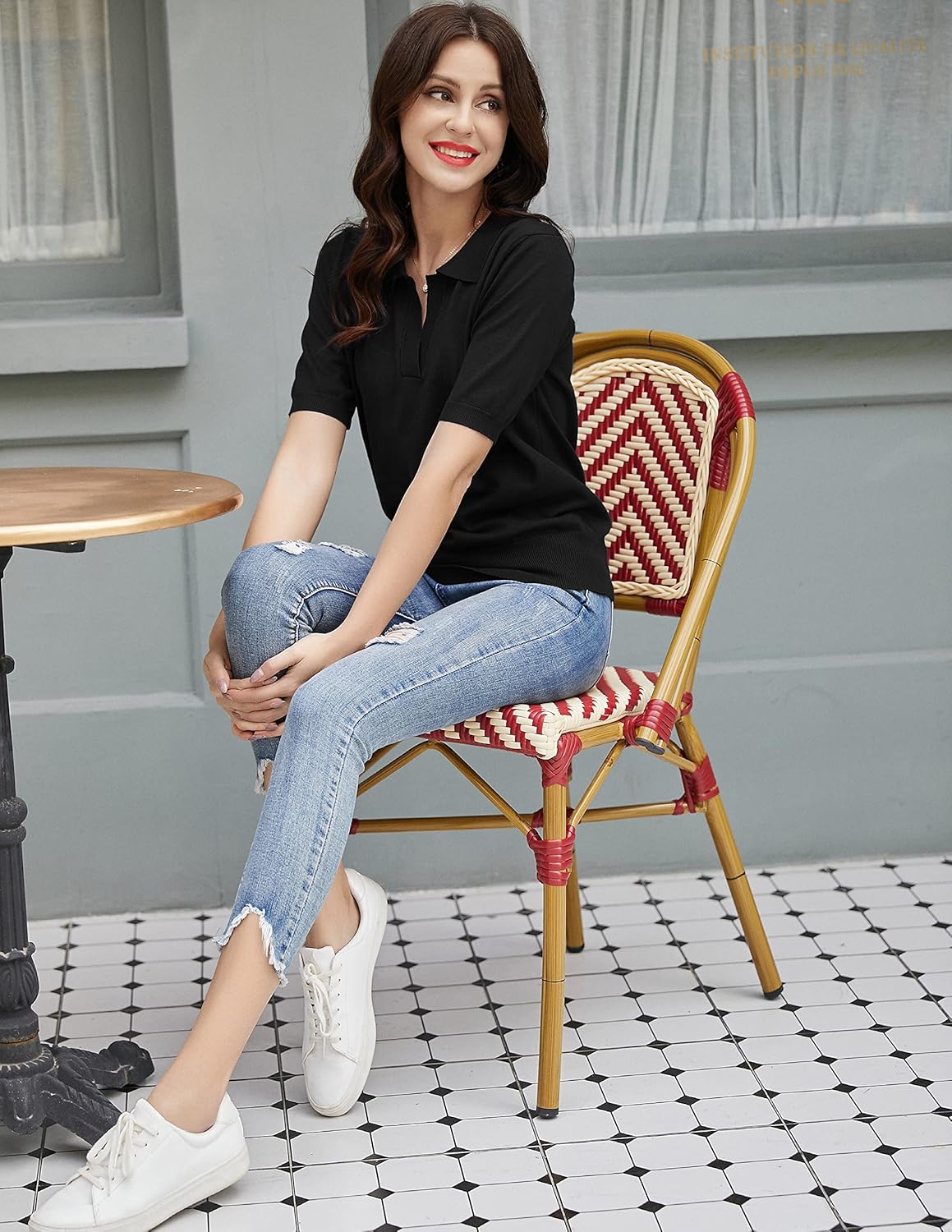 Thumbnail 5 de Kate Kasin Women’s Short Sleeve Polo Sweater (V-Neck Ribbed Knit Pullover)