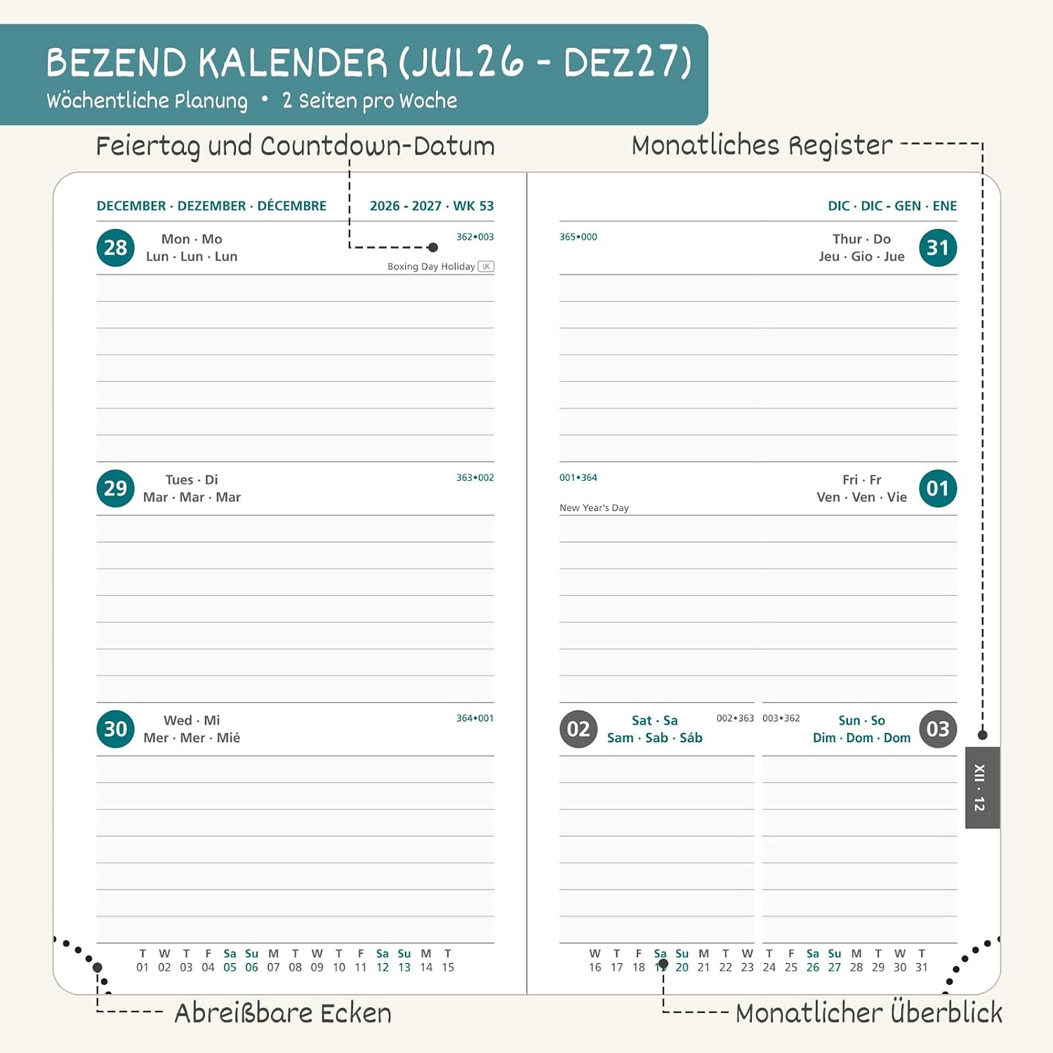 Detalle de BEZEND Kalender 2026/2027 Klein Wochenplaner A6 – PU-Leder Hardcover Blaubeere