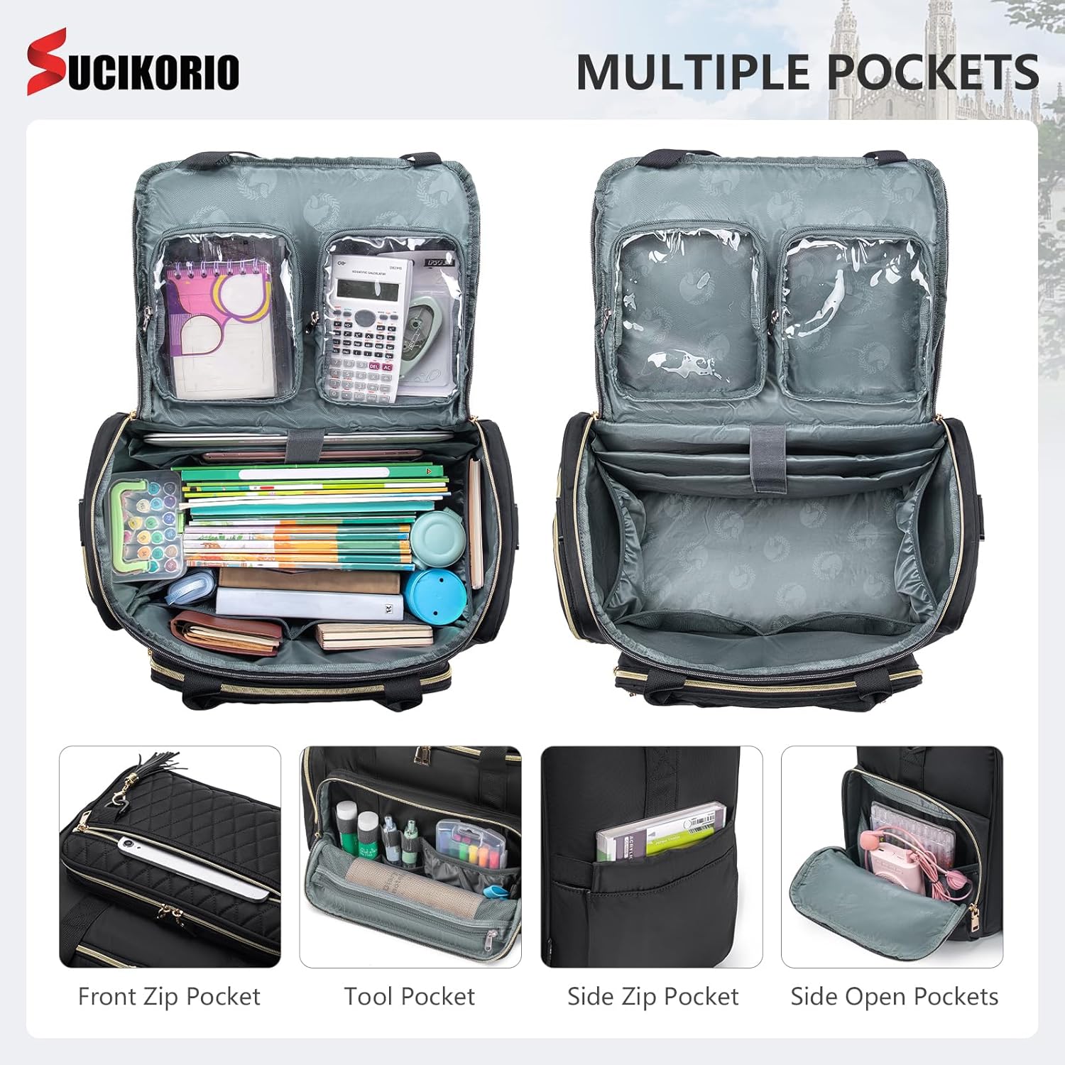Detalle de SUCIKORIO Laptoptasche 17 Zoll mit Rollen – Lehrertasche, Business Koffer aus Oxford, wasserdicht