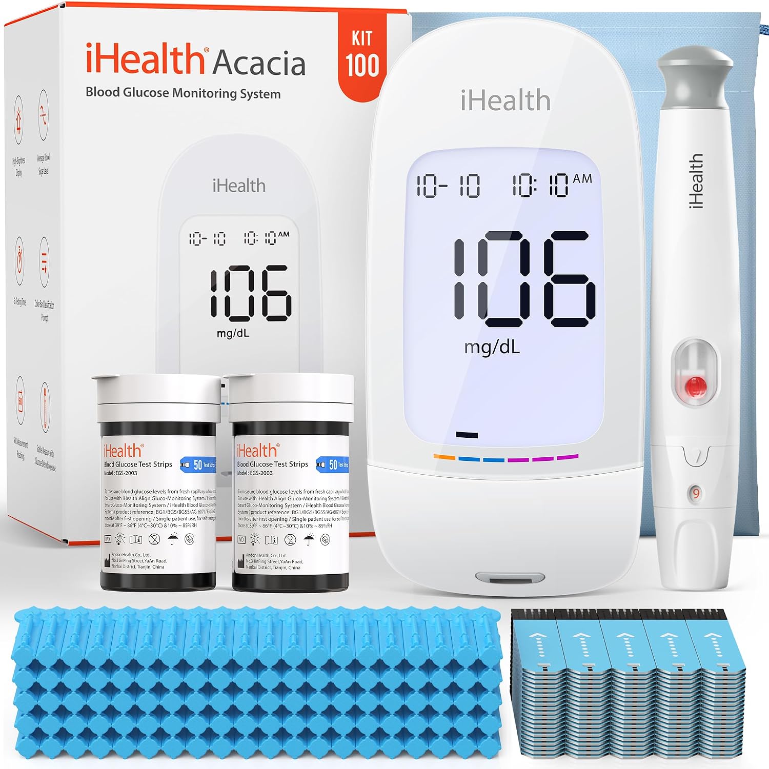 Detalle de iHealth Acacia AG-607 Blood Glucose Monitor Kit with 100 Strips and Lancets