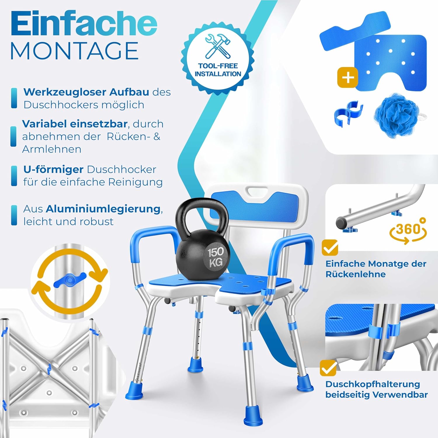 Thumbnail 4 de KESSER Duschhocker mit Lehne – vielseitiger Duschstuhl, 150 kg belastbar, 6 Höhenstufen 38–54 cm
