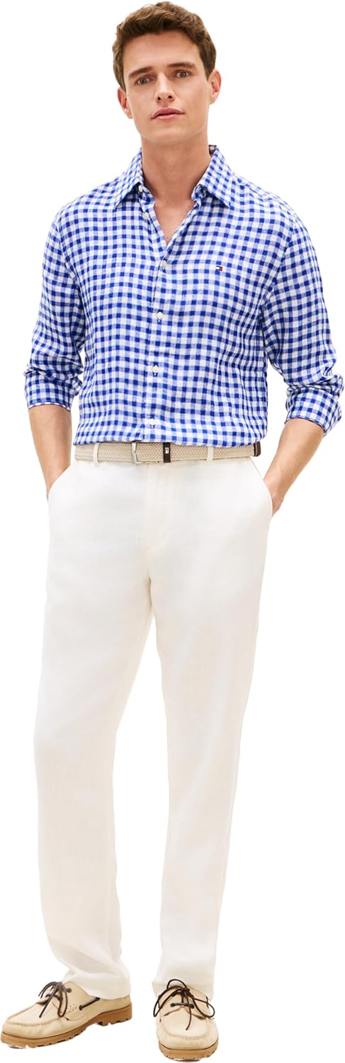 Detalle de Tommy Hilfiger Linen Essential Gingham RF Shirt MW0MW42401 camicia in lino gingham uomo